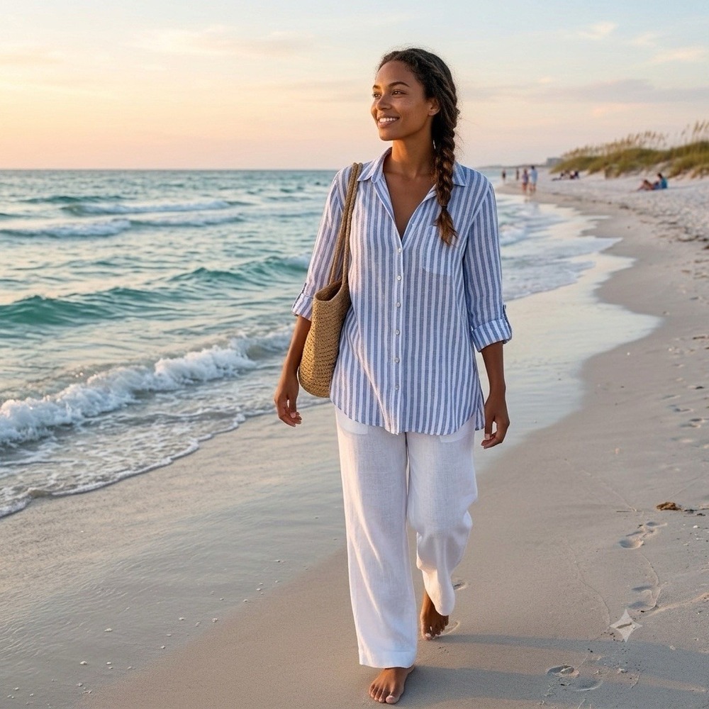 Sigrid Olsen Top L Stripe Linen Blend Coastal Beachy Minimalist